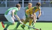 Ireland's Stephen Dowds (left) and Michael Watt (facing) in close attention as South Africa's Jethro Eustice takes the ball up during the 2-2 draw in the first Test at Hartleyvale in Cape Town Sunday. The second and final Test is at 7pm Monday.