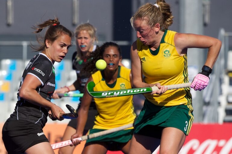 Celia Evans v Germany yesterday, with Illse Davids in background.